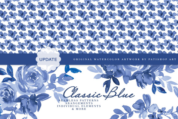Classic Blue Watercolor Floral Clipart & Illustrations