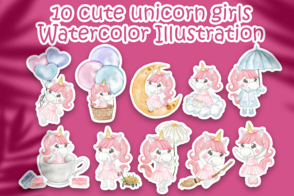 Cute Unicorn Girls Watercolor Illustrations Review