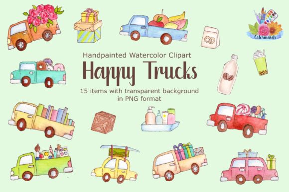 Happy Truck Cartoon Watercolor Clipart & Illustrations