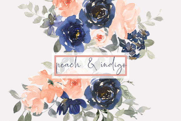 Indigo Peach Watercolor Floral Clipart Illustrations