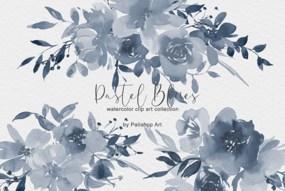 Pastel Blue Watercolor Floral Clip Art & Illustrations
