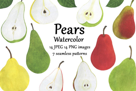 Set Pears Fruits Watercolor Food Illustrations