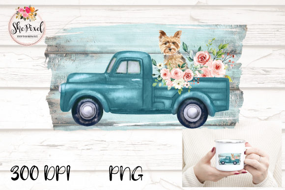 Vintage Truck Yorkie Watercolor Clipart & Illustrations