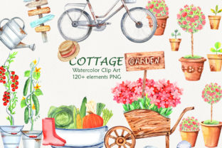 Watercolor Cottage Garden Clip Art & Illustrations