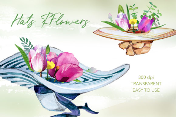 Watercolor Hats Flowers Designs Illustrations