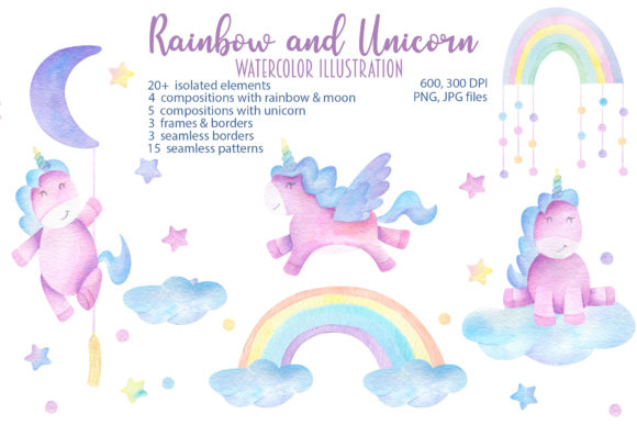 Watercolor Unicorn and Rainbow Illustrations